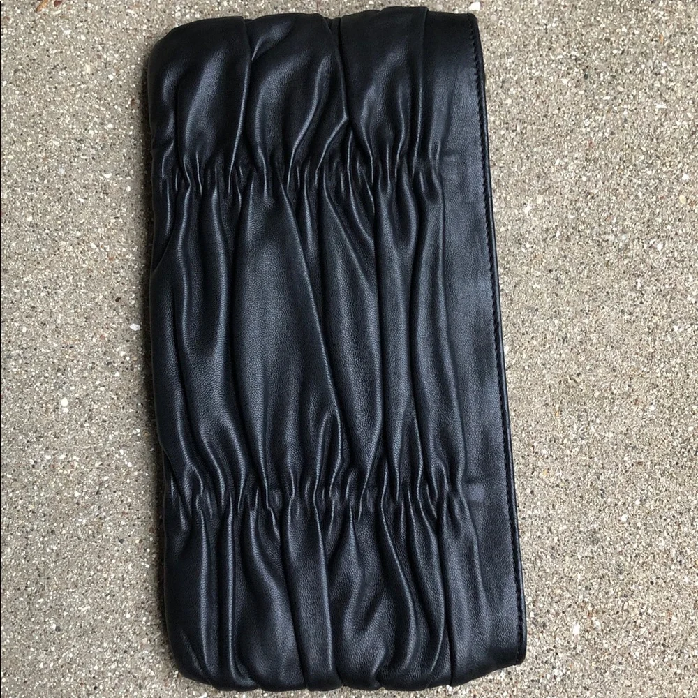 Michael Kors Black Ruched Leather Clutch with Gold Plaque